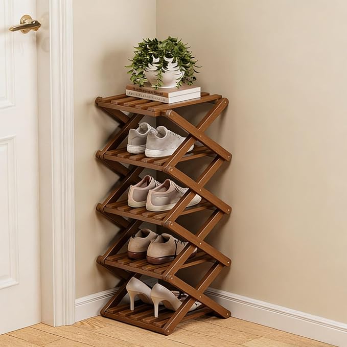 The 9-Tier No-Assembly Bamboo Rack, Foldable Space-Saving Organizer for Shoes, No Assembly Narrow Shoe Shelf for Entryway Closet Dorm (Brown, 5)