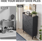 Shoe Storage Cabinet, Farmhouse Shoe Organizer with 2 Flip Drawers & Barn Door Design, Freestanding Hidden Slim Narrow Shoe Rack Cabinet for Entryway, Foyer, Hallway, Black