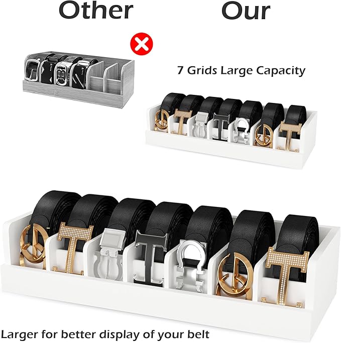 Bamboo Belt Storage Organizer Box - Belt Organizer for Closet | Wooden Belt Tie Hanger Racks for Men Women Drawer | Belt Display Holder Wall Mount with 2 Pcs Tie Clip (White, 2 7GRIDS)