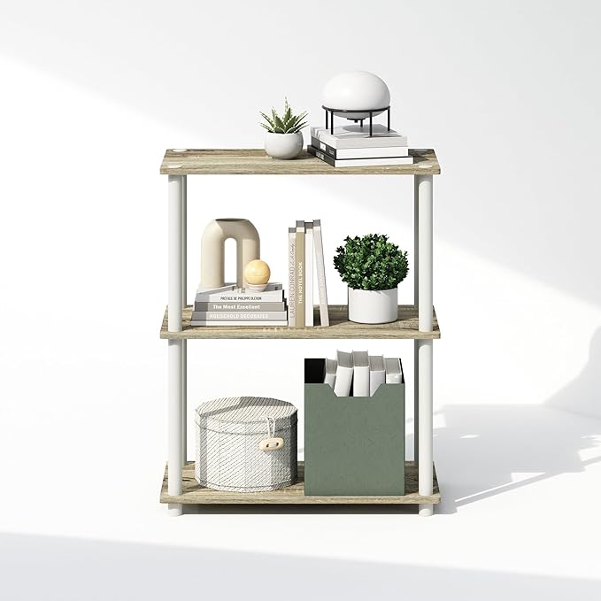 Furinno Turn-N-Tube Book Shelf, 3-Tier Bookshelf, Bookcase with Multipurpose Compact Display Rack, 11.6 x 23.6 x 29.6, for Living Room, Bedroom, Home Office, Sonoma Oak/White