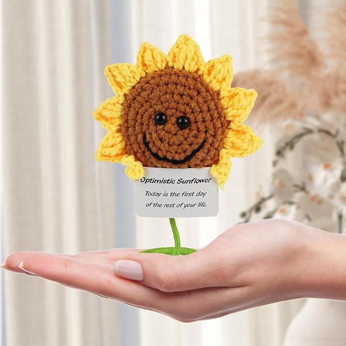 DAFURIET Mini Funny Sunflower, 3 inch Knitted Wool Doll with Optimstic Card for Cheer Up Gifts and Party Decorations, Cute Wool Sunflower Crochet Doll for Birthday Gifts