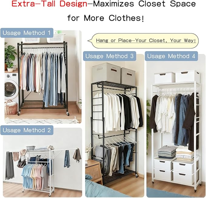 lumizone Folding Clothing Rack with Wheels Expandable Wardrobe Portable Clothes Rack for Hanging Clothes Adjustable Closet Shelves Garment Rack Durable Closet Racks for Hanging Clothes (Pro White)
