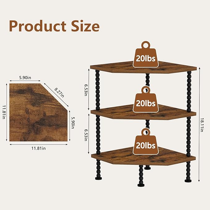 YINMIT Corner Shelf Stand, Standing Corner Display Shelf, Corner Organizer Shelf for Living Room, Bedroom, Bathroom, Kitchen, Small Spaces (Rustic Brown, 3 Tier)