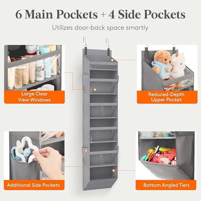 Lifewit 1 Pack Over the Door Organizer, Clear Window Hanging Storage with 4 Side Pockets, Anti Tilt 40 lbs Load Behind Door for Pantry, Nursery, Bathroom, Bedroom, Dorm, 6 Section, Light Gray