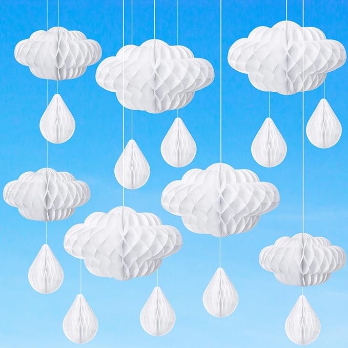 Affrolling 20 Pcs 3D Cloud Decorations Raindrop Decorations Hanging Honeycomb Decor Artificial Fake Cloud Ornaments for Ceiling Birthday Nursery Room Baby Shower Party Decor