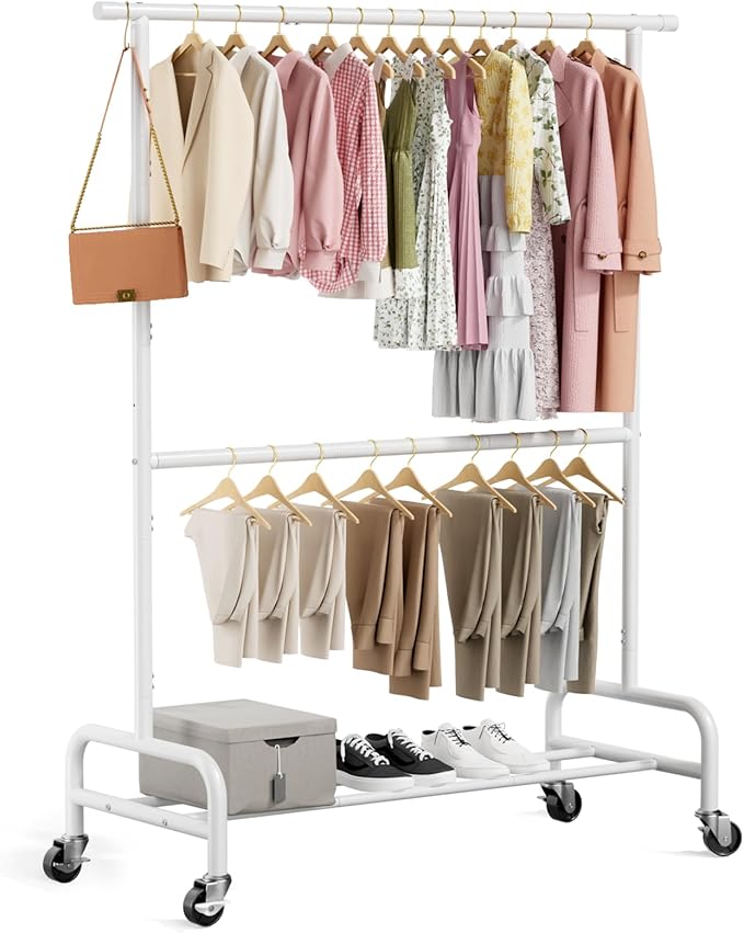 Abiglifty 2 Tier Clothes Rcks for Hanging Clothes, Heavy-Duty Clothing Rack with Wheels,150LBS Capacity, 42" W X15 D X 77" H Garment Rack with Bottom Shelf, for Bedroom, Living Room, White