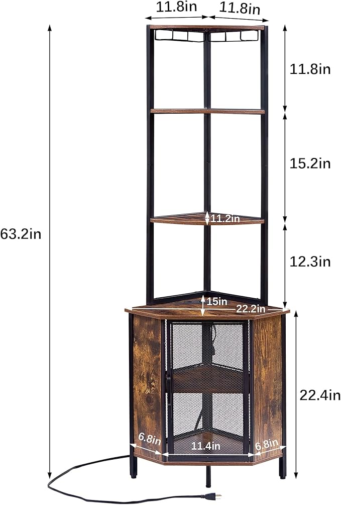 VECELO 6 Tier Corner Shelf with LED Light and Charging Station, 63” Tall Standing Cabinet Organizer, Narrow Bookshelf with Storage Rack for Living Room, Bedroom, Kitchen, Balcony, Small Space