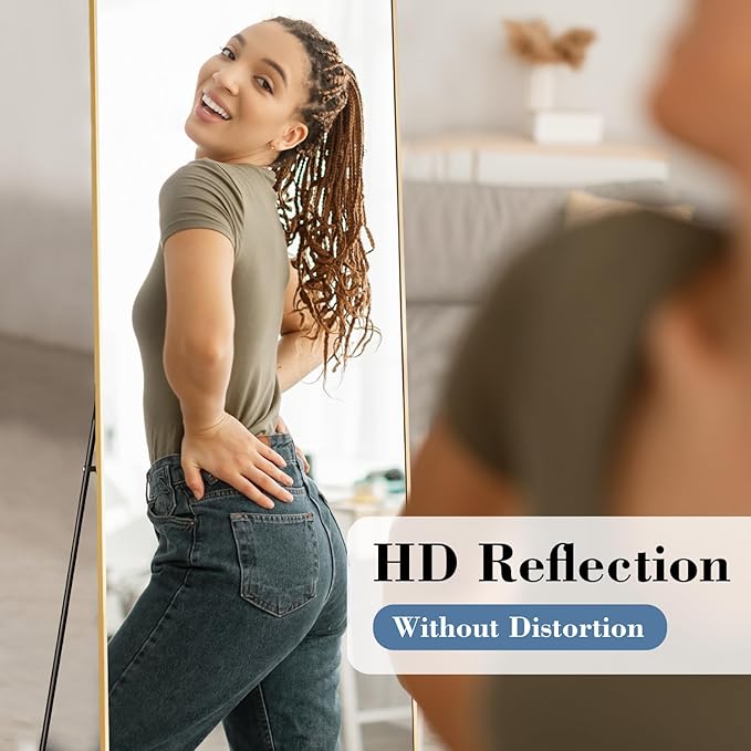 DUMOS 58"x19" Full Length Mirror, Full Body Mirror with Aluminum Alloy Thin Frame, Standing Mirrors with Leaning or Hanging, Suitable for Bedroom, Livingroom, Cloakroom, Gold