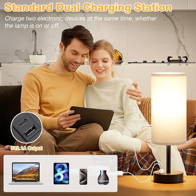 Dicoool Grey Touch Bedside Lamp with USB - 3 Way Dimmable Table Lamp for Bedroom, Nightstand Lamp with Black Charging Station for Desk Dorm, Office, Boy Kids Room, Small