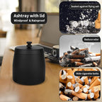Outdoor Ashtray with Lid, Ashtrays for Cigarettes Outdoor, Ash Tray Sets for Cigarettes for Patio, Stainless Steel Windproof Ashtrays Covered Metal, Black Ashtray, Small