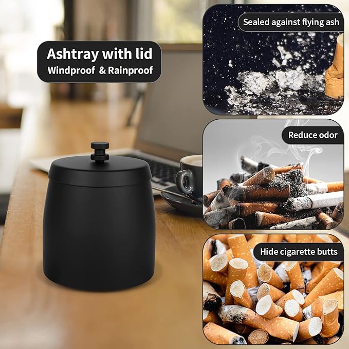 Outdoor Ashtray with Lid, Ashtrays for Cigarettes Outdoor, Ash Tray Sets for Cigarettes for Patio, Stainless Steel Windproof Ashtrays Covered Metal, Black Ashtray, Small