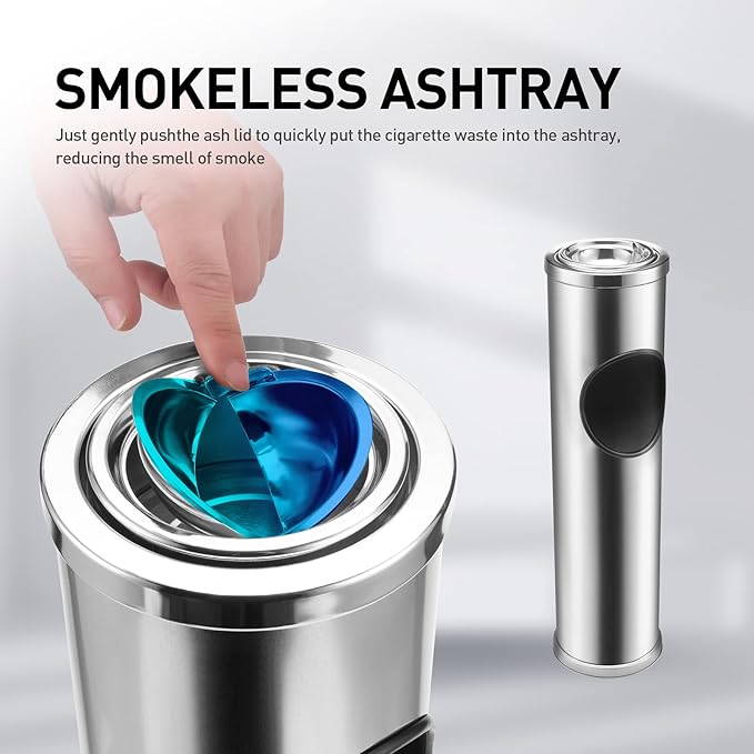 Anfrere Standing Ashtray Outdoor for Patio, Large & Tall Outside Ashtrays for Cigarette Butt Receptacle Disposal, Commercial Metal Smokers Cigar Ash Tray Container with Lid and Trash Can, DN1SR