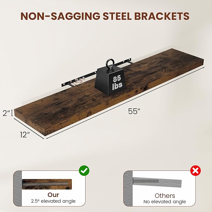 Vivelove 12" Deep Floating Shelves for Wall 55" Long, Wall Shelves for Living Room Bedroom Bathroom Kitchen Laundry Room, Farmhouse Rustic Shelves for Home Decor, 55" X 12" X 2" Set Of 2, Rustic Brown