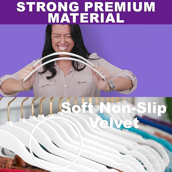 MIZGI Premium Velvet Hangers Pack 60 Pcs Heavyduty - Non Slip Slimline - Velvet Suit Hangers White - Gold Hooks,Space Saving Clothes Hangers