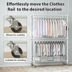 Homdox 3 Tier Heavy Duty Garment Rack with Wheels, Adjustable Wire Clothes Rack with Double Hanging Rods, Portable Closets for Hanging Clothes with Side Hooks, White