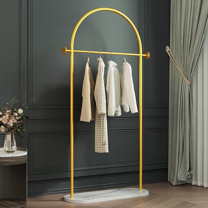 Gold Clothing Rack with Marble Base,Modern Metal Garment Rack for Bedroom,Entryway & Boutique Display,Sturdy Open Closet Clothes Rack for Hanging Clothes,Coat Rack freestanding Heavy Duty