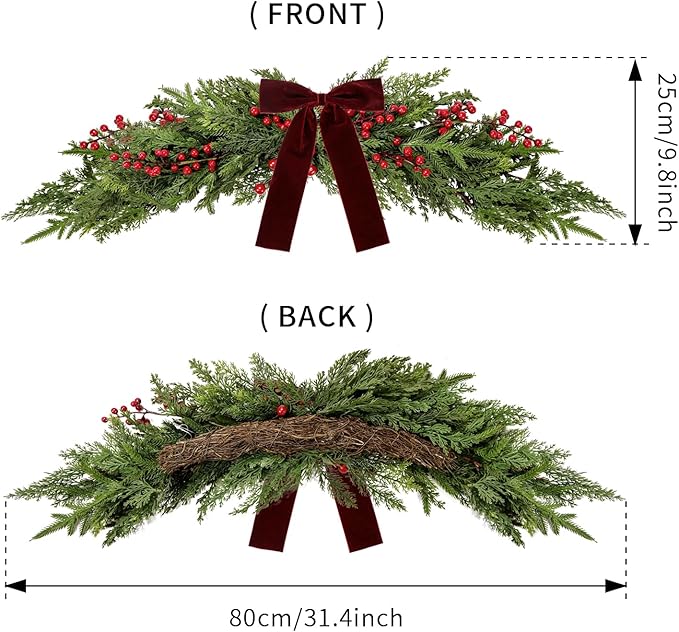 60cm Artificial Christmas Norfolk Pine Cedar Swags with Velvet Bow Greenery Decoration for Mantel Window Mirror Picture Frame Mailbox Holiday Indoor Outdoor Home Decor (Red Berry, 60cm/23.6'')