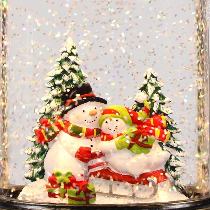 Christmas Snow Globe Candle with Timer & Music, Snowman Family Scene, Swirling Glittering Candle Shaped Snow Lantern, USB/Battery Operated Lighted Lantern for Christmas Decoration