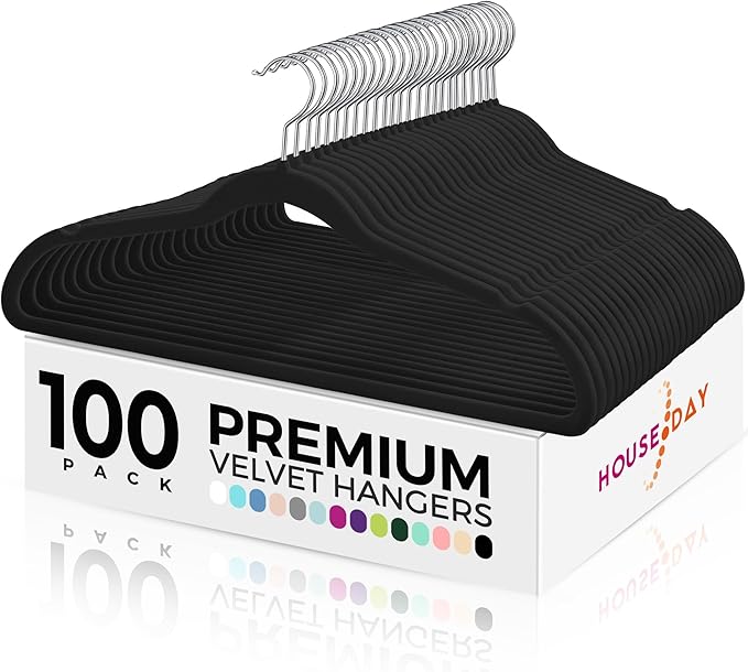House Day Premium Velvet Hangers, Non-Slip Flocked Felt, Sturdy Coat & Suit Hangers for Closet Space Saving (100 Pack, Black)