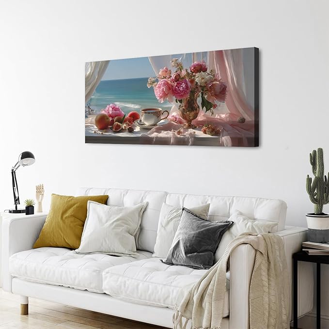 Vintage Pink Flower Wall Art Retro Flowers in Golden Vase Pictures Blue Ocean Coastal Landscape Canvas Prints Blossom Painting Poster Floral Artwork for Living Room Bathroom Home Decoration 24x48"
