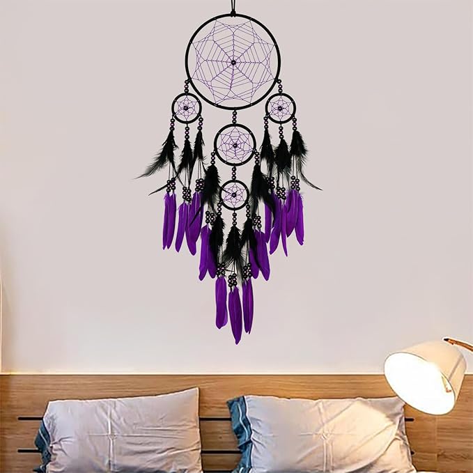 Purple and Black Dream Catcher Large Dream Catchers Wall Decor Handmade Feather Dreamcatcher Wall Hanging Ornament for Bedroom Living Room Home Decor