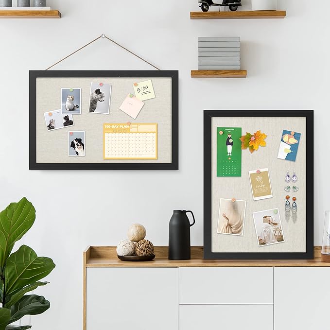 AKTOP 2-Pack Cork Board Bulletin Board 16x11 inch, Small Framed Corkboard with Linen for Wall, Hanging Pin Board Picture Board for Home Office Decor, Cute Vision Board with 25 Pushpins (Classic Black)