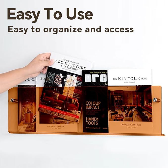 2-Pack 17 Inch Orange Acrylic Magazine Holder, Sleek Wall Mounted Brochure Rack & Floating Bookshelf, Modern Vibrant Magazine Display for Office, Waiting Room, Living Room, Fashion Home Decor
