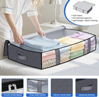 Under Bed Storage Containers, 2 Pack Blanket Storage Bags, Collapsible Storage Bags with Big Zippers, Clear Front, Shoe Storage and Organization for Clothes, Comforter, 75L, Grey