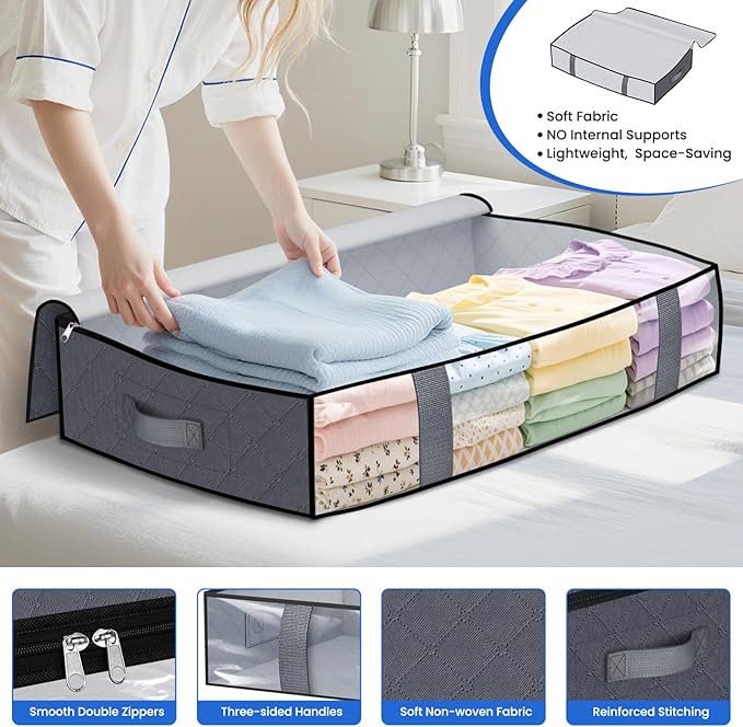 Under Bed Storage Containers, 8 Pack Blanket Storage Bags, Collapsible Storage Bags with Big Zippers, Clear Front, Shoe Storage and Organization for Clothes, Comforter, 75L, Grey