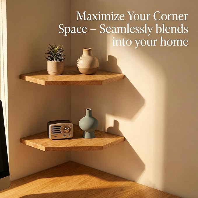 JiudunsKylight Wall Mounted Corner Floating Shelf Set of 3, with Wire Hole, 8.5/11.2/13.2 Inch Oak Shelves for Bedroom, Kitchen, Living Room, Storage and Display for Small Plants