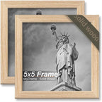 Natural Solid Wood 5x5 Picture Frame, Display 5 x 5 Inch Picture Poster Photo, Vertical & Horizontal Wall Hanging - 2 Pack/Natural/5"x5"