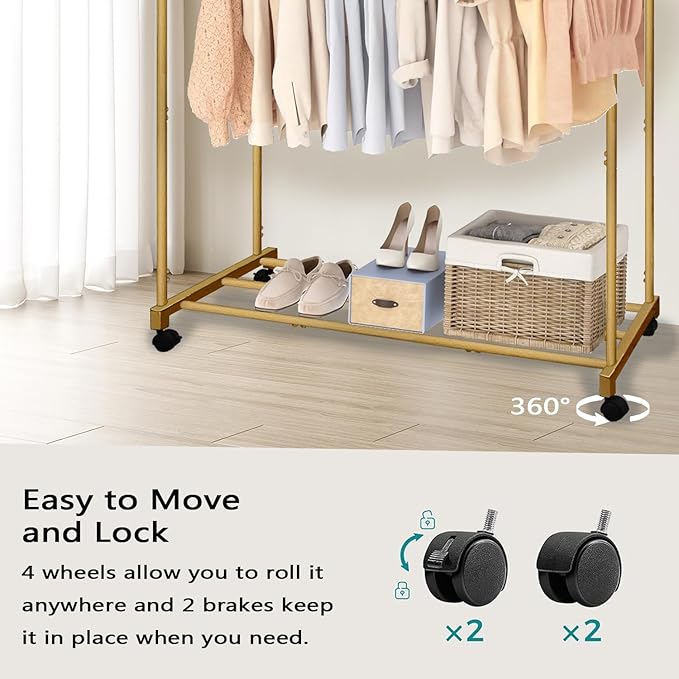 AT-VALY Double Rod Clothing Rack with wheels,Garment Rack for Hanging Clothes,Multi-functional Bedroom Clothes Rack (Gold)