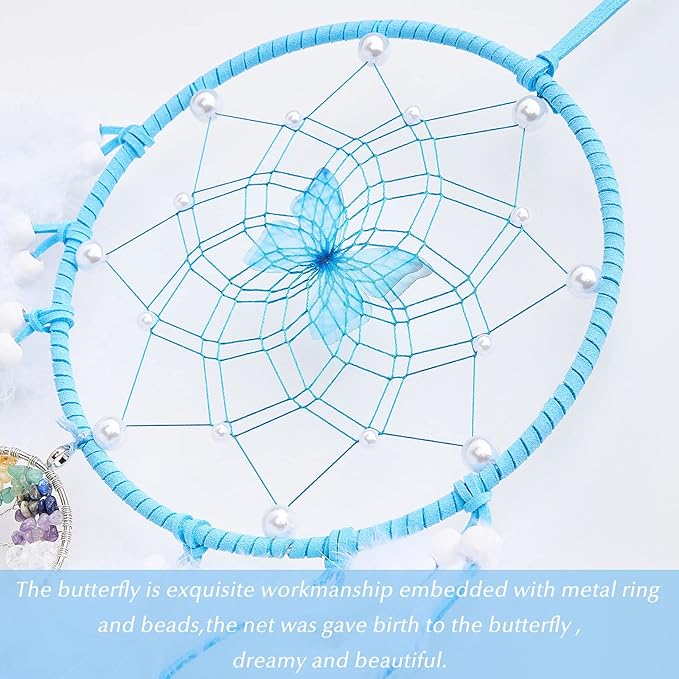 Dreamlike Butterfly Tree of Life Dream Catcher Wall Decor Blue Dream Catcher with Crystal Stone Handmade Feather Dreamcatchers Home Decor Wall Hanging for Girls Bedroom Wedding Craft Gift-29.5"