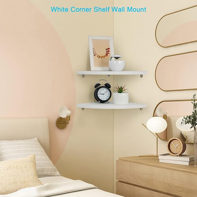 JORIKCHUO 10 inch Corner Wall Shelf Set of 2, Solid Wood Corner Floating Shelves for Wall, Round End Wall Mounted Floating Shelf for Bedroom, Living Room and Kitchen (White-10 inch)