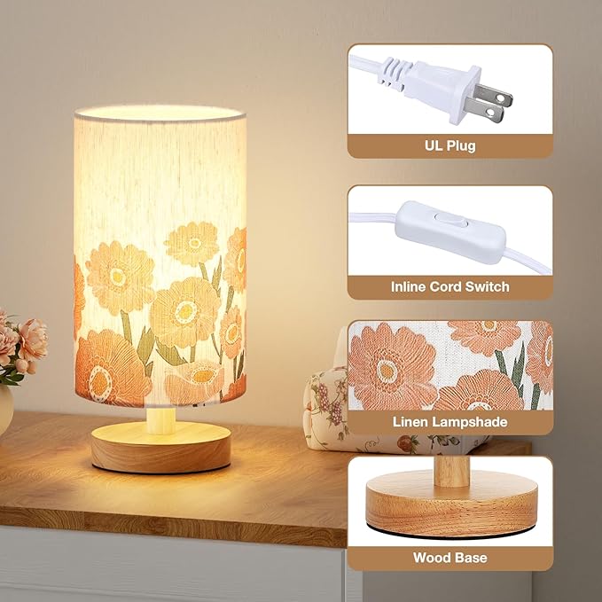 Fenmzee Sunflower Table Lamp for Bedroom - Inline Control, Small Bedside Lamp with 3000K A15 LED Blub, Easy Assembly (Sunflower Cream Shade, 9" Inline Control)