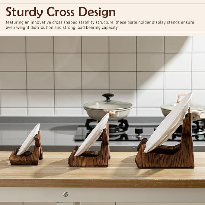 Honeydak 3 Pack 3 Size Bowl Stands for Display - 3.5, 4.5, 6.5 Inch Wooden Plate Holders Easel Frame Holder Display Stand for Large Deep Platters Dishes, Mini Easel, Frame, Card, Plaque, Book