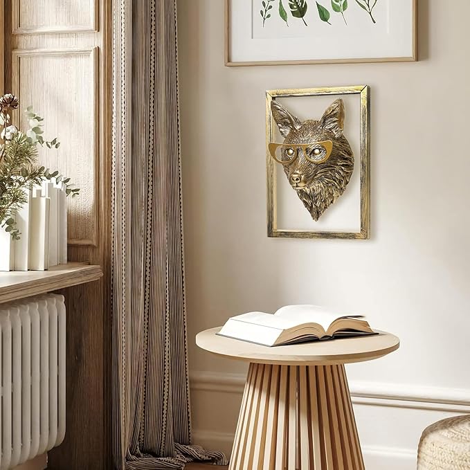 Newinhome Animal Heads Wall Decor (Includes Metal Frame) Resin Animals Sculptures Head Wall Hanging Decoration Gold vintage Wall Sculpture for Living Room Bedroom Office(Fox)
