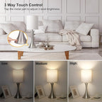 Touch Control Table Lamp, 3-Way Dimmable Bedside Lamp for Living Room, Modern Nightstand Lamp for Bedroom, Silver Table Lamp with White Shade, Desk Lamp for Dorm, Home, Office, 3000K LED Bulb Included