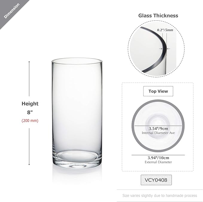 WGVI Quality Thick Weighted Clear Cylinder Glass Vases, 4" W x 8" H, Flower Arrangement Floating Candle Holders Wedding Centerpieces Terrarium Planter Floral Pen Brush Storage Container, 1 Piece