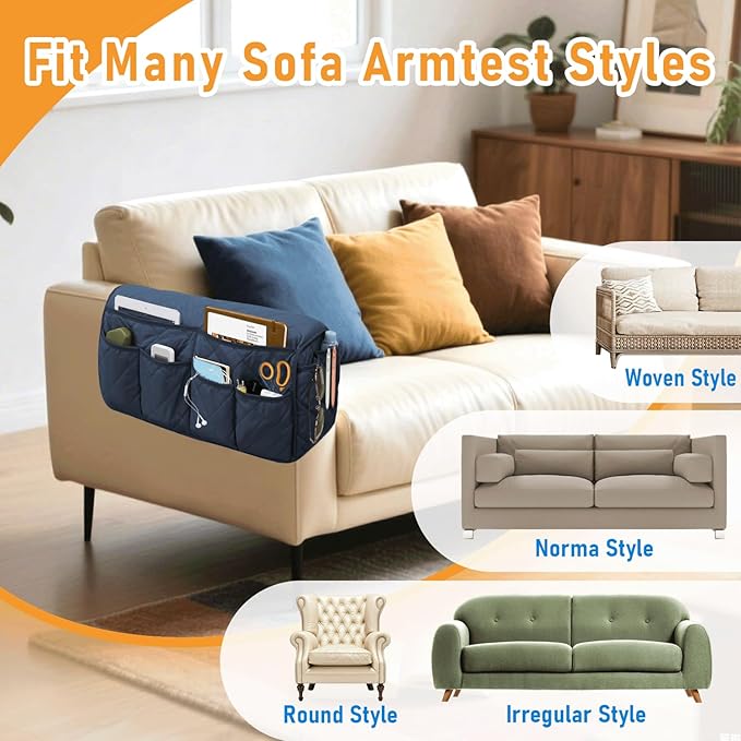Armchair Caddy, Sofa Armrest Organizer, Non Slip Recliner Organizer, Remote Control Holder for Recliners, Recliner Arm Caddy with 14 Pockets Storage for TV Remote, Phone, Magazine(Blue)