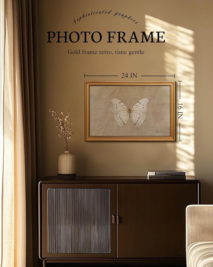 VIYYIEA Vintage Gold Framed Wall Art for Living Room, White Butterfly Canvas Prints Home Decor, Oil Painting Picture, Bedroom Wall Decor Gifts for Friends or Family -【Morpho polyphemus】-(24L x 16W)
