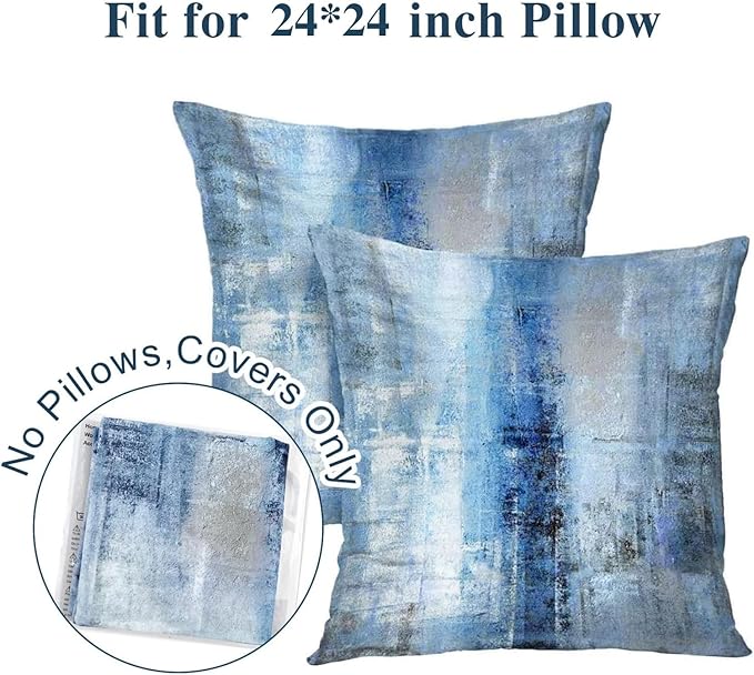 Blue and Grey Abstract Art Artwork Pillow Cover, Gallery Modern Decorative Throw Pillows Cushion Cover for Bedroom Sofa Living Room 24 x 24 Inch Set of 2