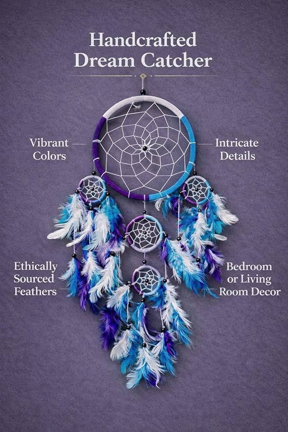OMA Large Dream Catcher Wall Decor – Tie Dye Dream Catcher with Turquoise, Purple & White Feathers for Bedroom, Living Room, Dorms & Gift, Size - 9” x 30”