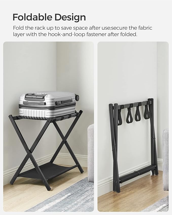 SONGMICS Luggage Rack for Guest Room, Suitcase Stand with Storage Shelf, Steel Frame, Foldable for Easy Storage, Hotel, Bedroom, Black URLR003B01
