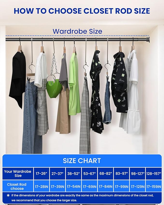 2 PACK Closet Rods for Hanging Clothes, 17 to 28 Inches Stepless Adjustable Metal Closet Rod, 1.3 Inches Heavy Duty Clothes Hanging Rod for Closet Wardrobes Laundry RV, Black