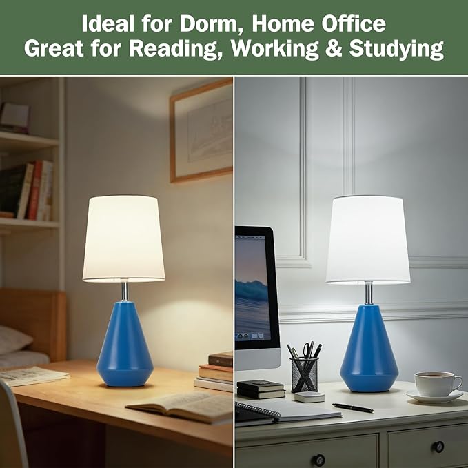 Small Bedside Table Lamp for Bedroom - Reading Desk Lamp with 3 Color Temperatures，15.5" Nightstand Ceramic Lamp with Fabric Shade for Kids Room,Living Room,Dorm,Home Office (Blue+White)