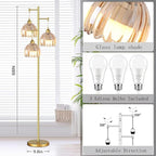 QIYIZM Gold Floor Lamp for Living Room,Bedroom,Tree 3 Light Standing Lamp Mid Century Modern Brass Tall Floor Lamps Vintage Retro Floor Lights Glass Flower Amber Lamp Shade Farmhouse Boho Bohemian