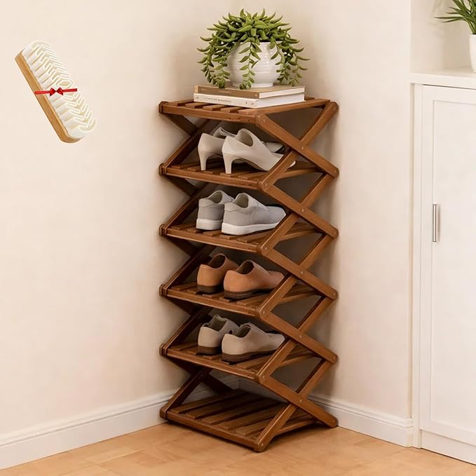 The 9-Tier No-Assembly Bamboo Rack, Folding Bamboo Shoe Rack Organizer with Collapsible Vertical Design, Space-Saving & No-Tool Assembly, for Entryways,Corners,Bedrooms,Balconies (Brown,6)