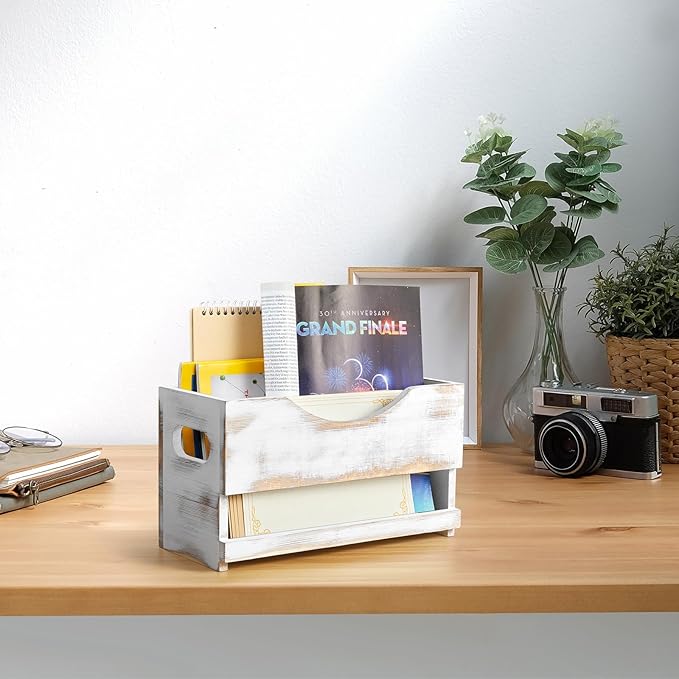 DRASTAR Magazine Holder, Bathroom Magazine Rack Floor, Wood Magazine Holder, Storage Holder for Book File Newspapers, Retro White