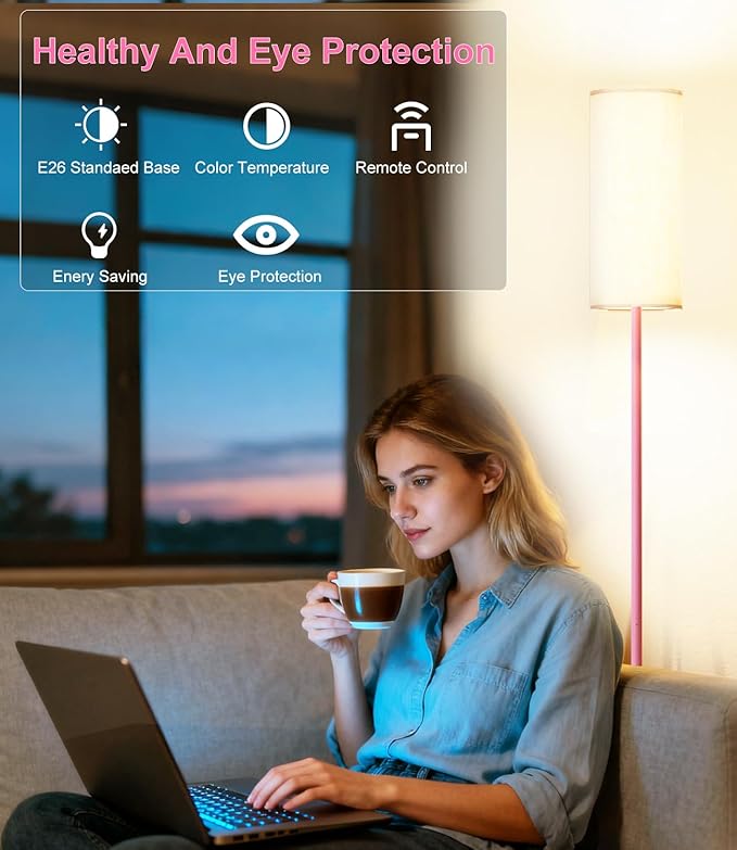 luckystyle LED Floor Lamp for Living Room, Dimmable Tall Lamps with Foot Switch,Remote Custom Color Temperature Pink Pole Lamp with Lampshade,12W Led Bulb Standing Lamps for Bedroom Office Kid Room